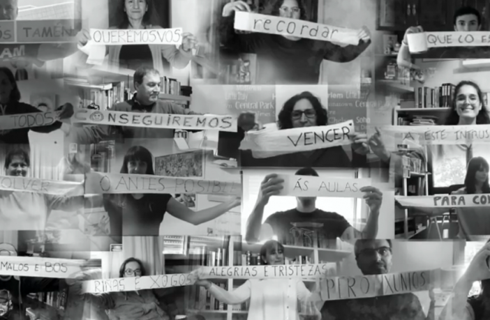 Los profes de ESO del Colegio Montesol de Vigo, cada uno con su mensaje escrito en el rollo de papel higiénico, en el vídeomontaje lleno de humor y emociones que han enviado a su alumnado por las redes sociales.