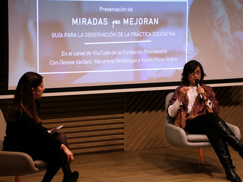 Presentación del estudio 'Miradas que Mejoran', de la Fundación Promaestro. En la imagen, una de sus autoras, Karen Pérez Rubio, junto a la profesora Lucía Sierra.